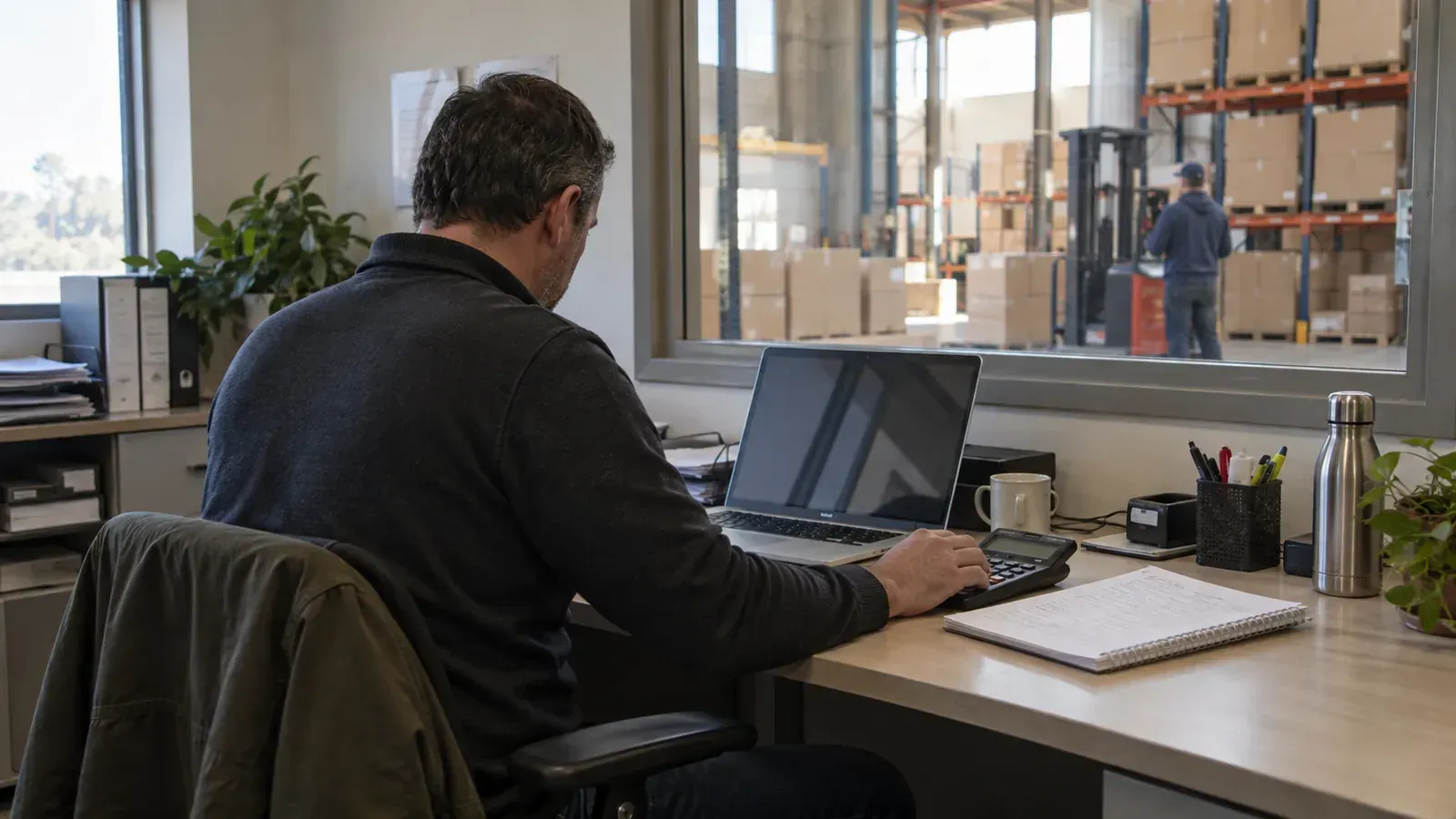 Operations manager adding up recruiting costs on a calculator beside a laptop in a warehouse office
