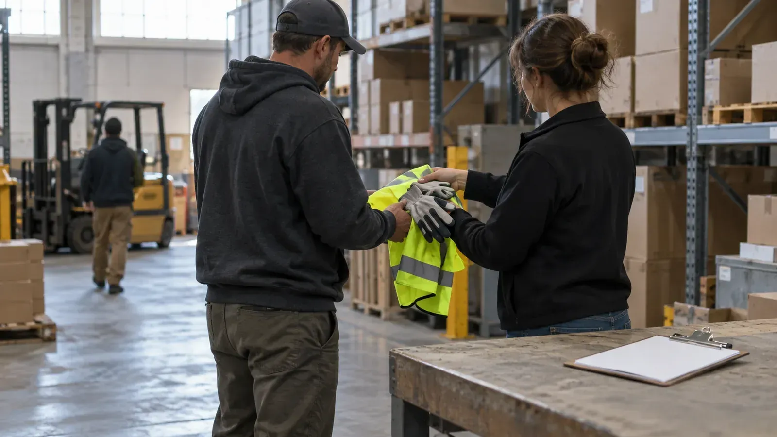 Supervisor handing a new warehouse associate safety gear beside a clipboard at the start of a first