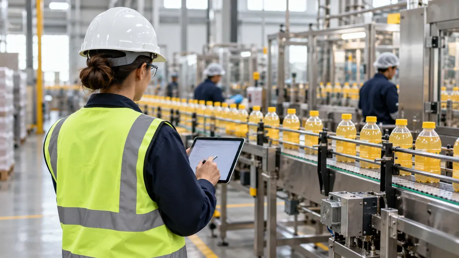 Supervisor filling in an evaluation form on a tablet beside a production line