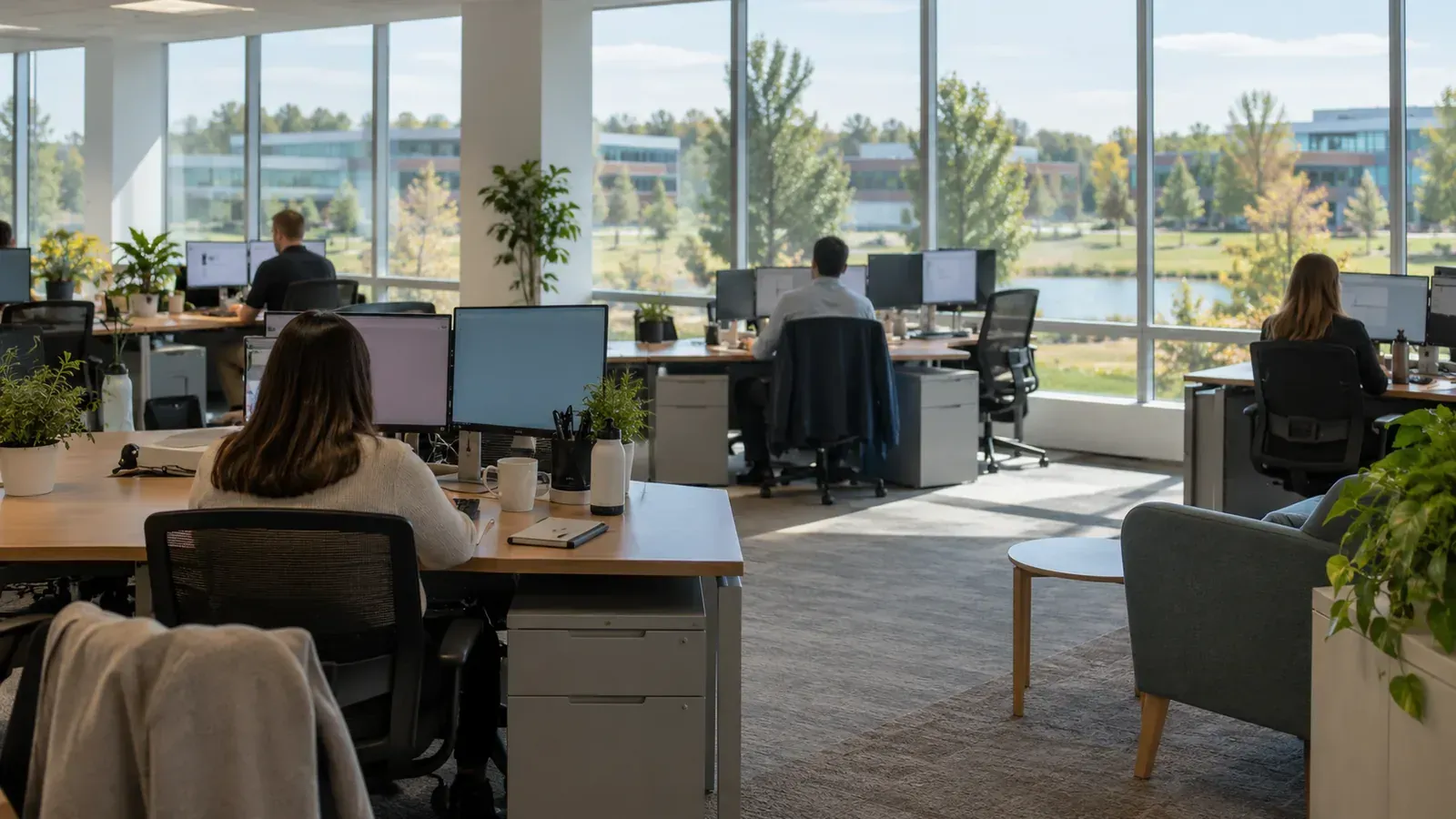 Office staff working at desks in a bright Long Island business park office.
