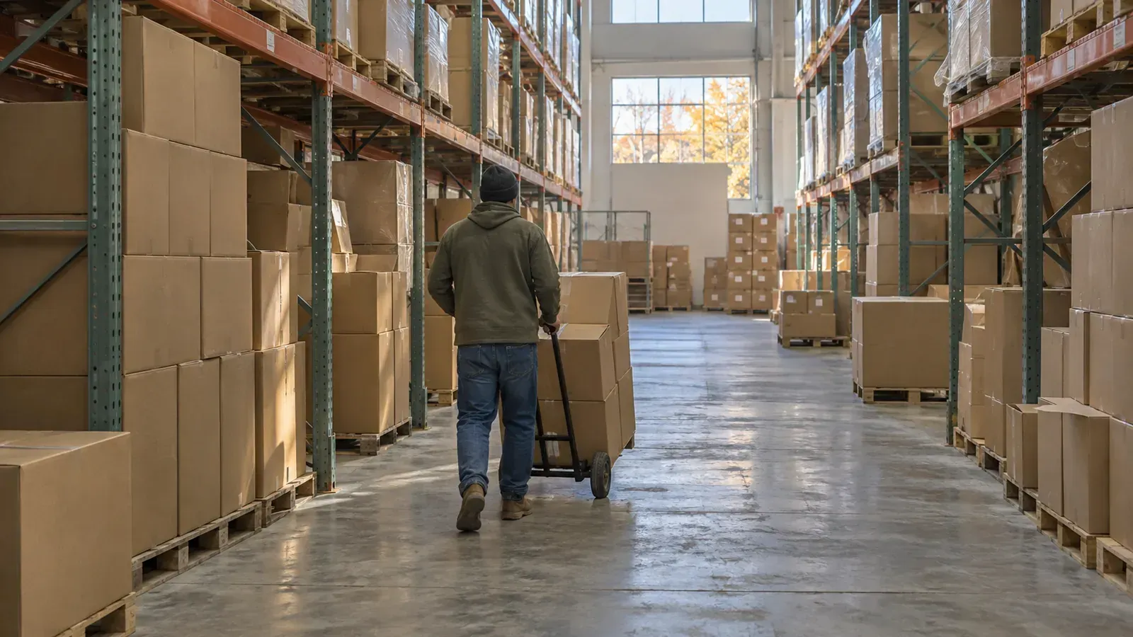 Warehouse associate moving boxed stock on hand truck along a racking aisle in a distribution center