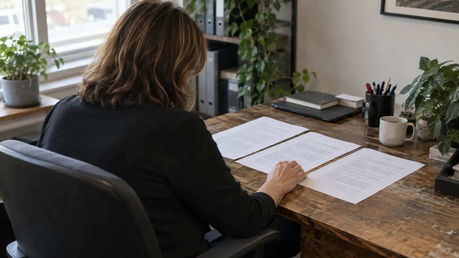 Operations manager comparing three service agreements on a desk in a small office