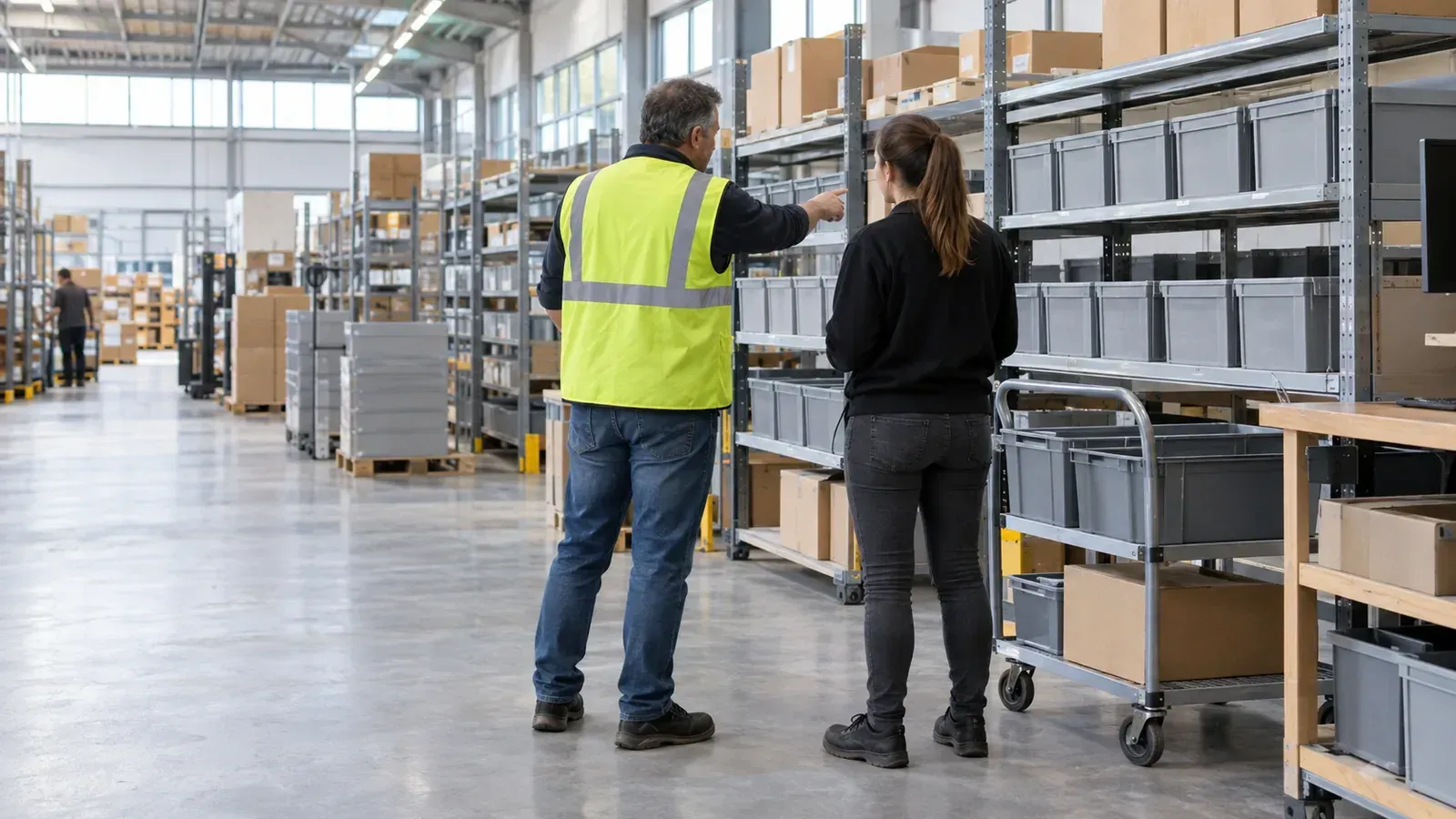 Warehouse team lead walking a new associate through a pick station at the start of a shift