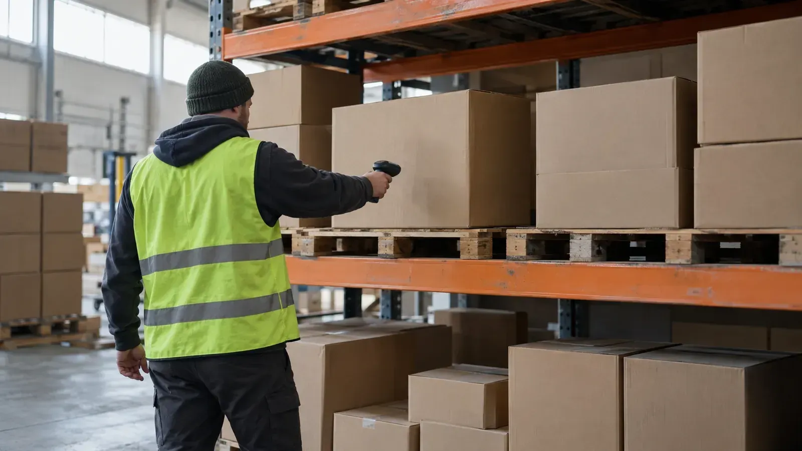 Warehouse worker scanning a carton on a racking shelf in a distribution center aisle