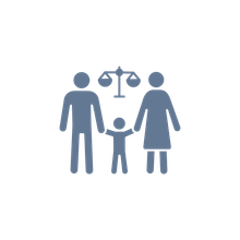 Family with a child, scales of justice above.