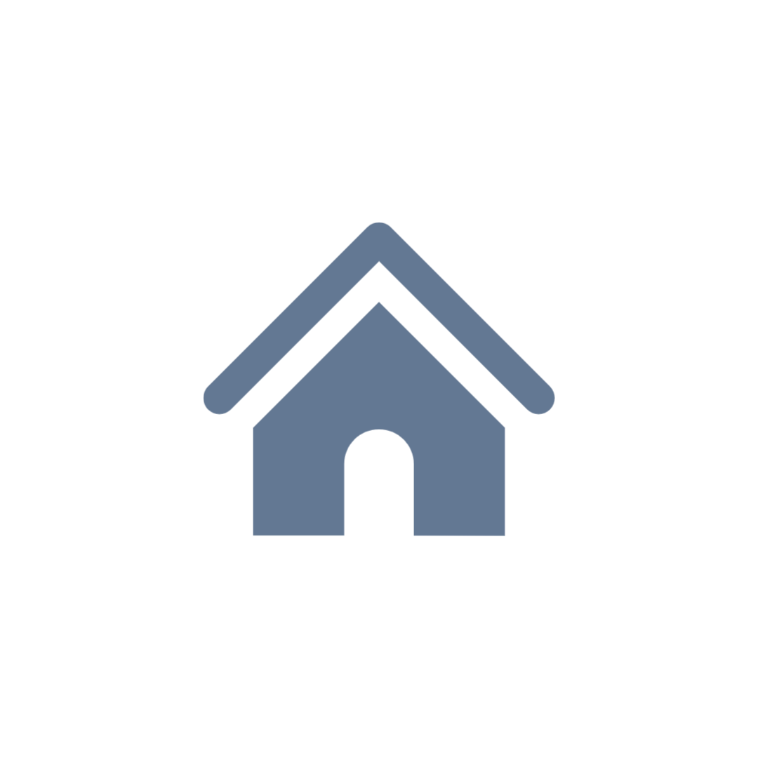 A blue house icon with a white roof on a white background.