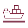 Sagoma color bordeaux di una nave mercantile che trasporta container impilati sulle cime d'acqua.