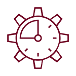 Contorno color bordeaux di un'icona a forma di ingranaggio o orologio simile a un cronometro su sfondo bianco.