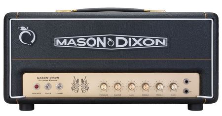 Black and gold guitar amplifier head with knobs, a logo, and handle.