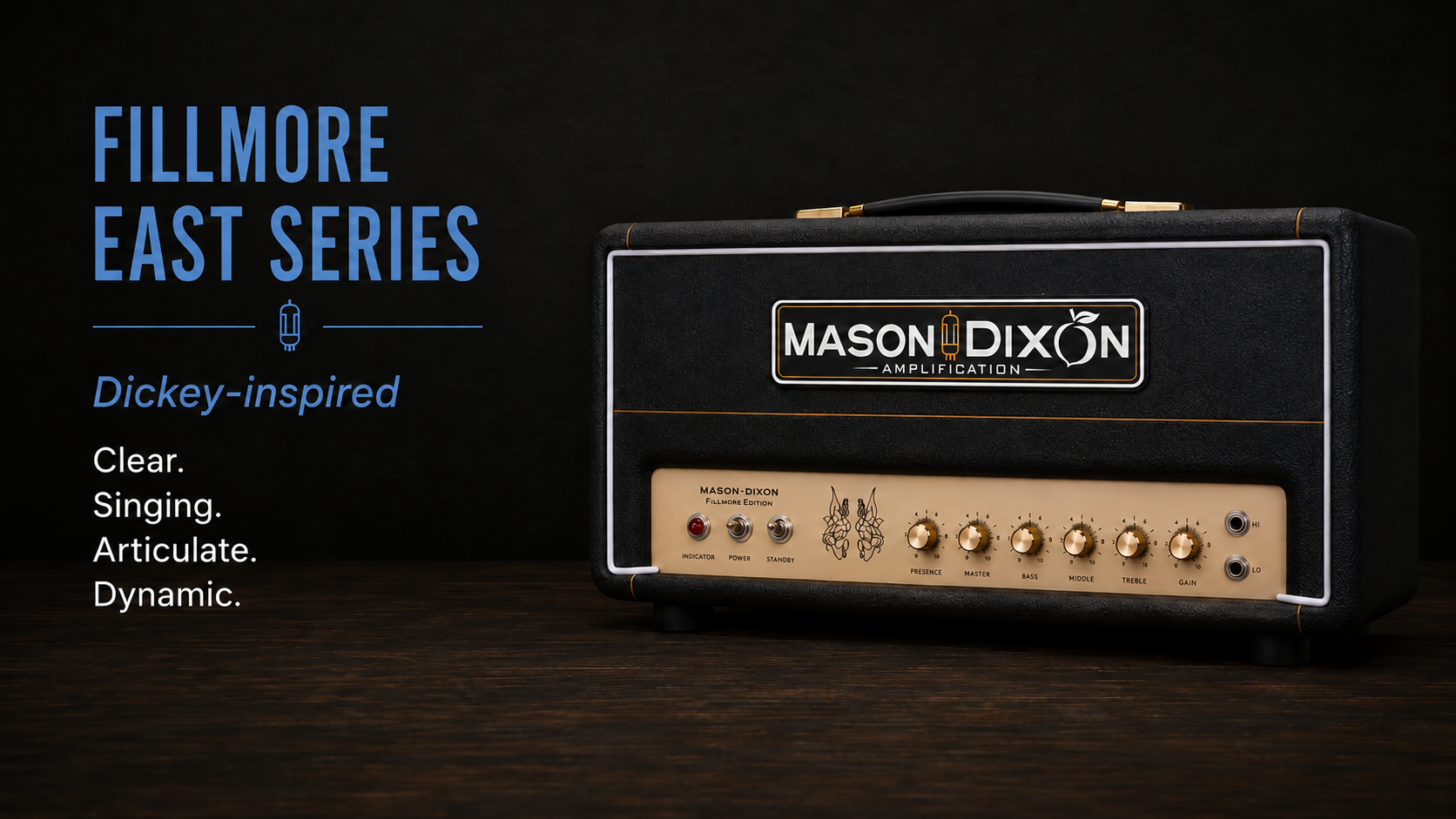 Mason Dixon guitar amp with black and gold faceplate beside “Fillmore East Series” text on dark background