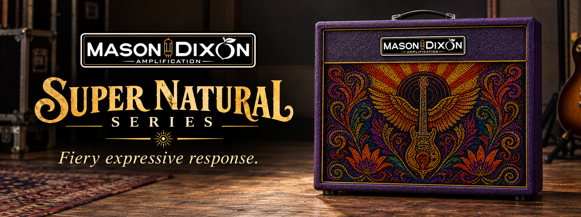 Mason & Dixon Super Natural Series purple speaker with ornate orange design and gold controls on black background