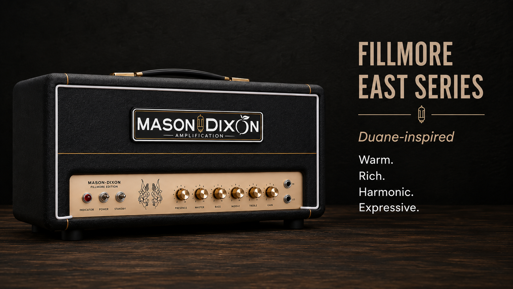 Mason Dixn guitar amp on dark table with “Fillmore East Series” text and warm, rich, harmonic, expressive tagline