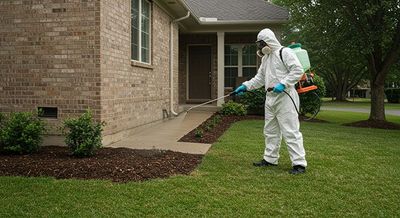 Person in protective suit spraying insecticide on a house exterior.