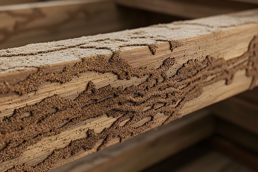 Termite damage on wooden beam. Brown, uneven tunnels visible.