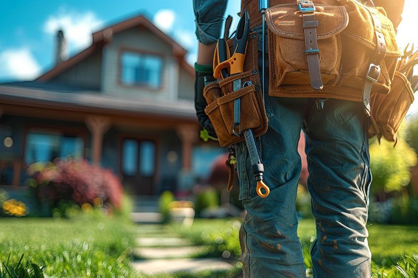 Carpenter with tool belt standing in front of a house.