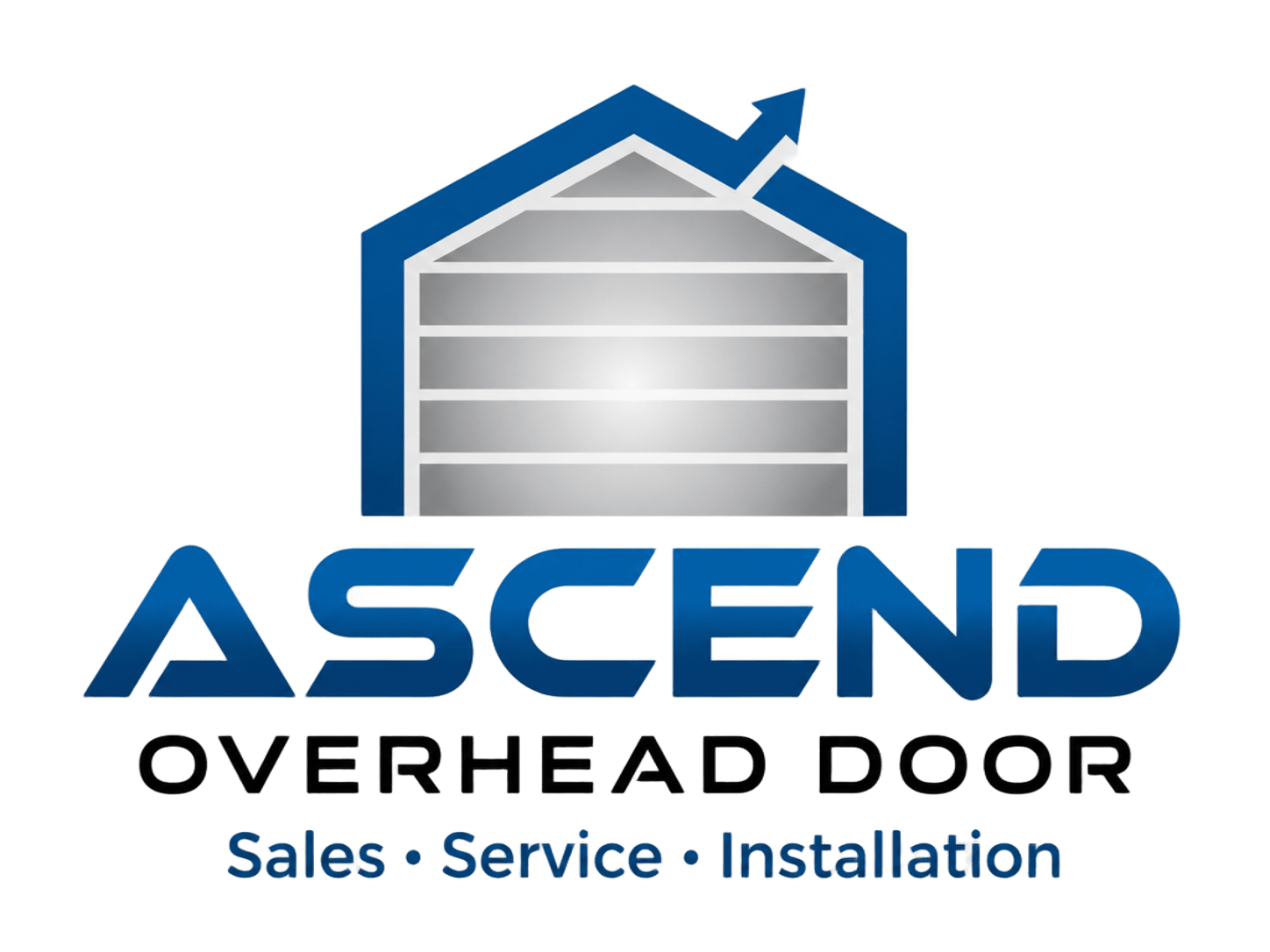 ASCEND Overhead Door logo with blue garage door icon and “Sales • Service • Installation” text