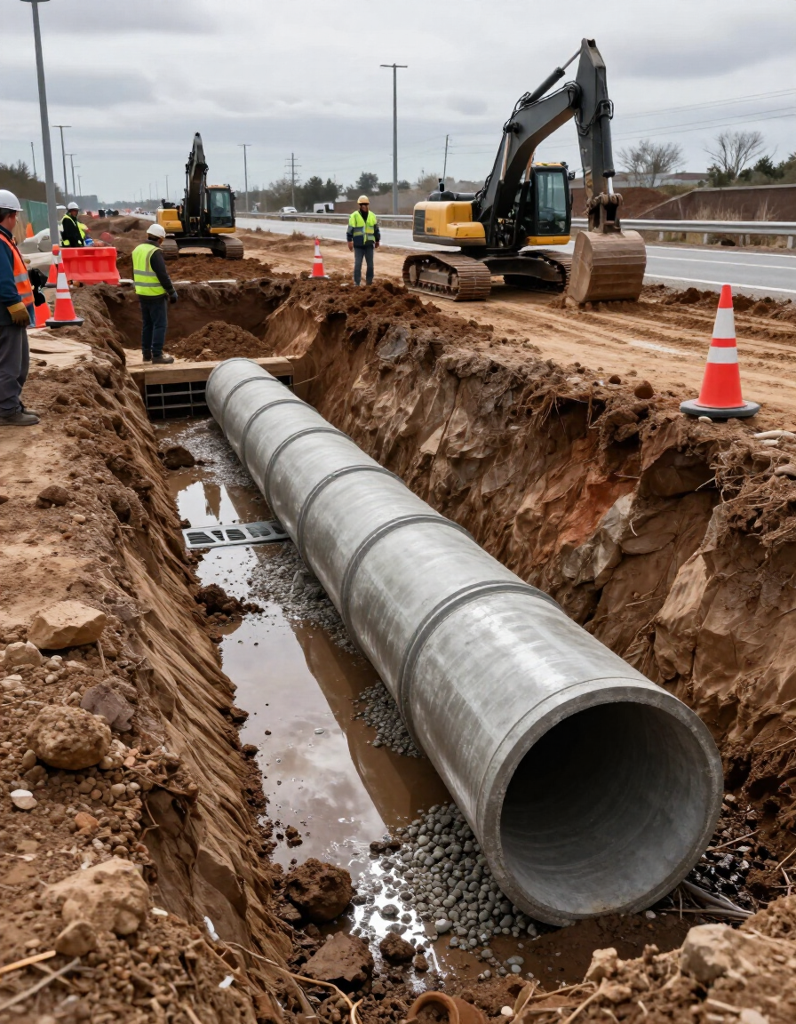 Obreros de la construcción colocan una gran tubería de hormigón en una zanja fangosa junto a una carretera, con excavadoras cerca.