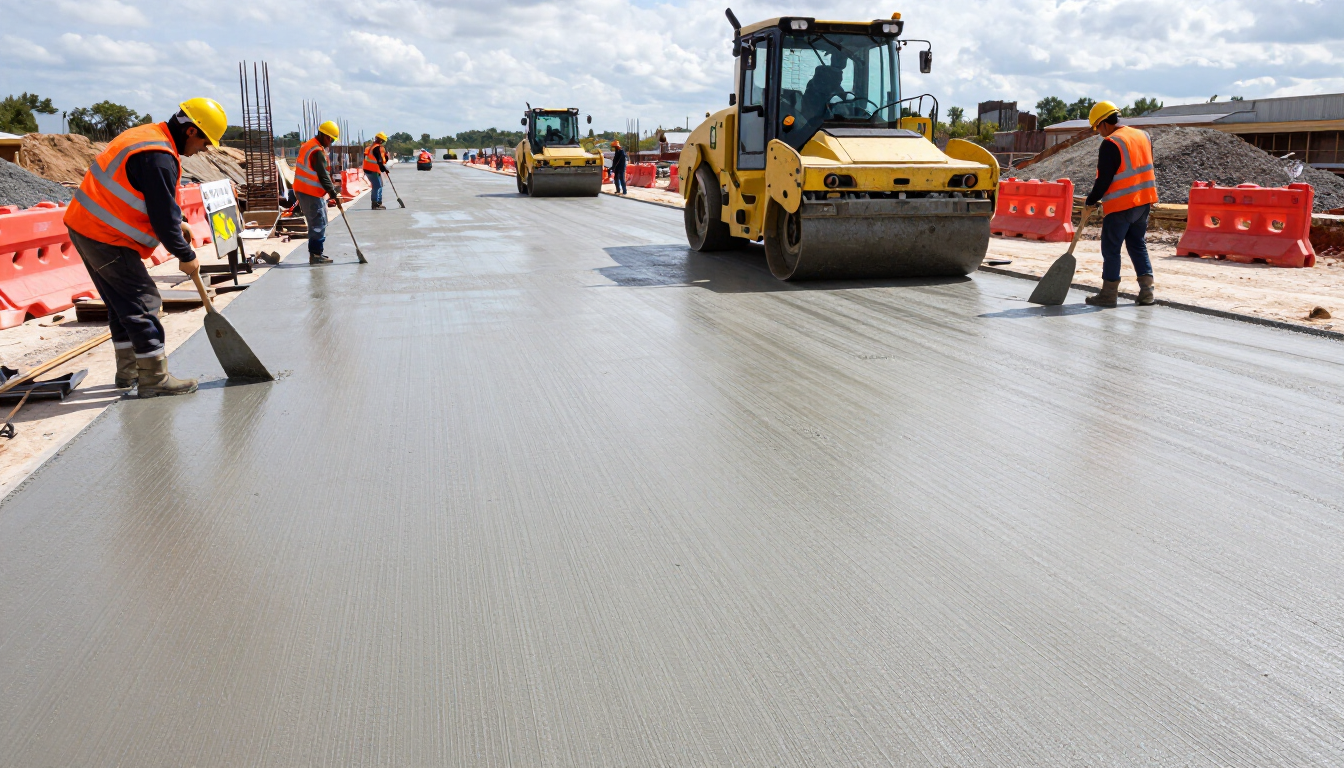 Equipo de construcción de carreteras pavimentando una calzada mojada con una apisonadora amarilla y trabajadores con chalecos naranjas.