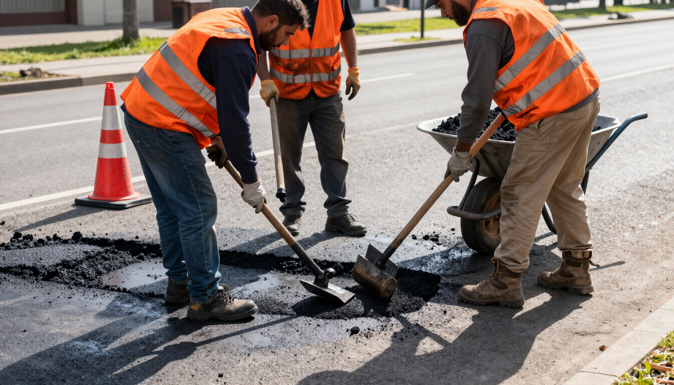Obreros con chalecos naranjas reparan una carretera dañada con palas y herramientas para pavimentación.