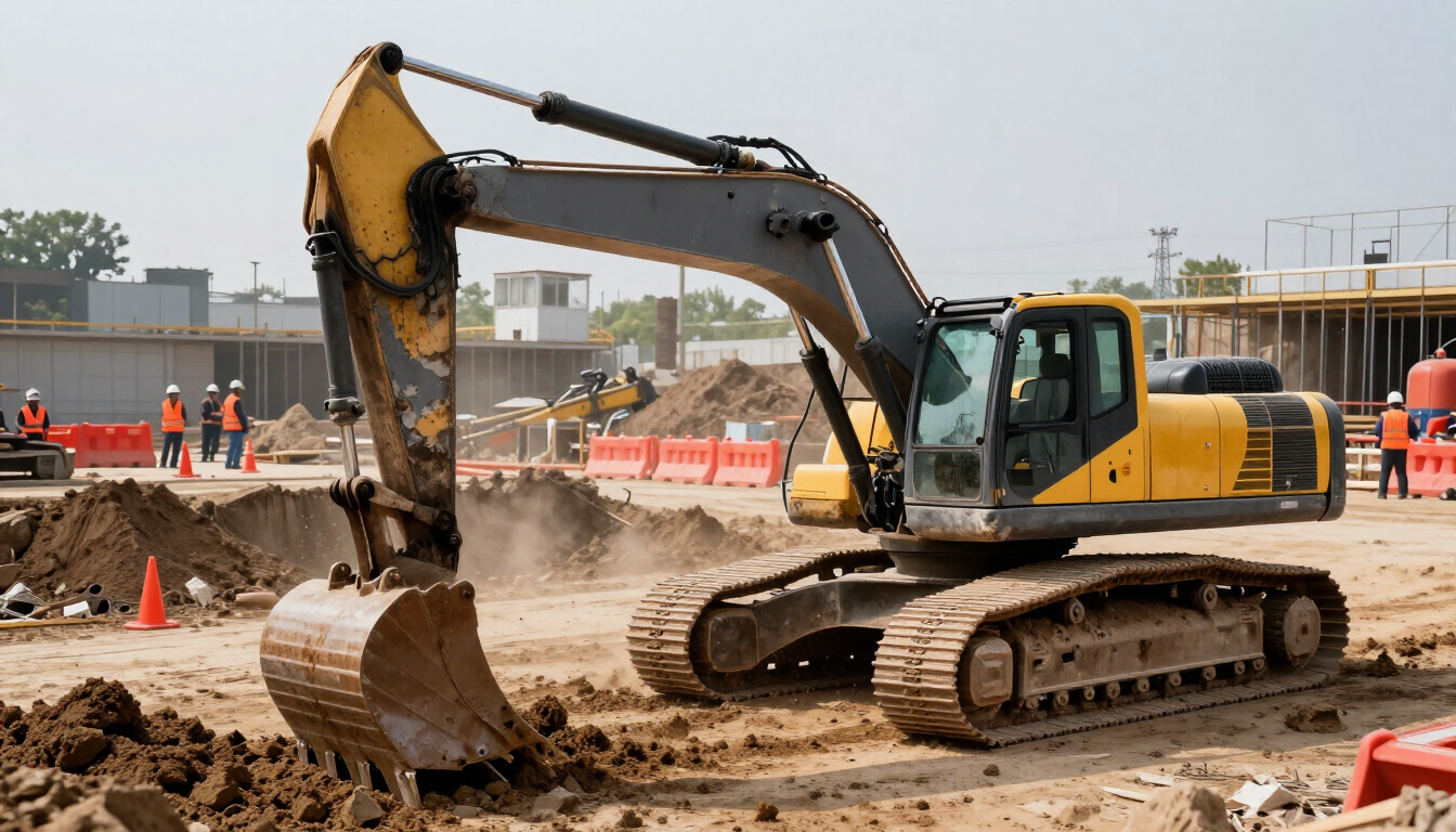 Excavadora amarilla removiendo tierra en una obra de construcción con trabajadores al fondo.
