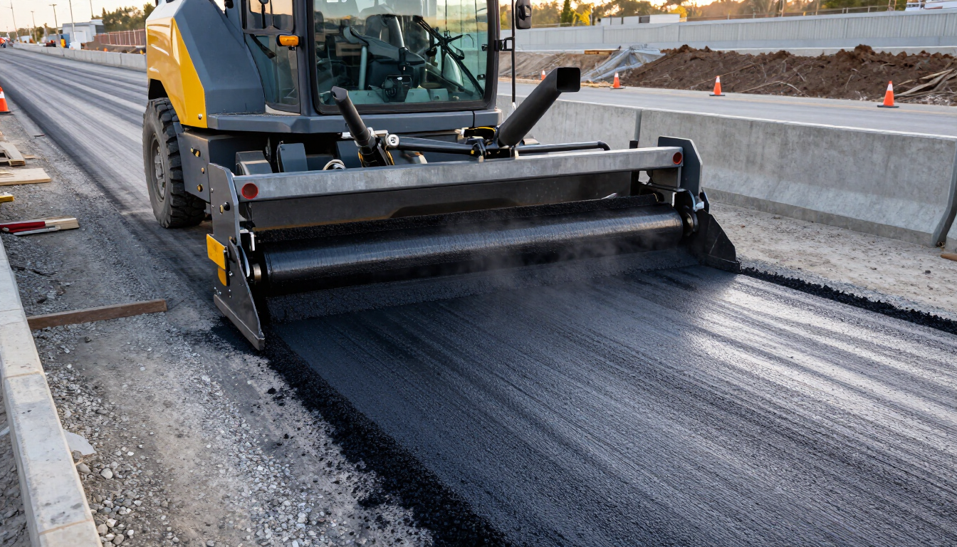 Máquina pavimentadora extendiendo asfalto negro fresco en una zona de obras de la autopista.