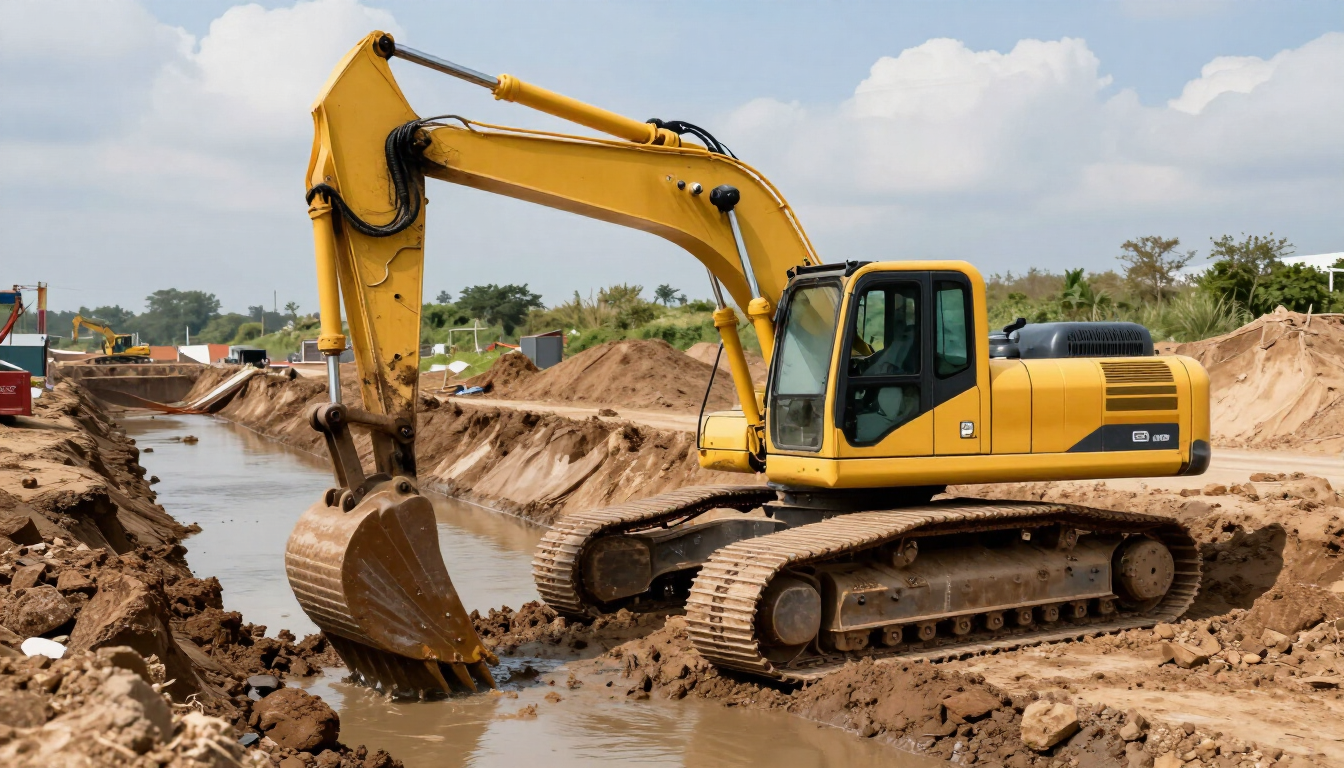 Una excavadora amarilla está removiendo lodo en una obra de construcción junto a una zanja llena de agua.