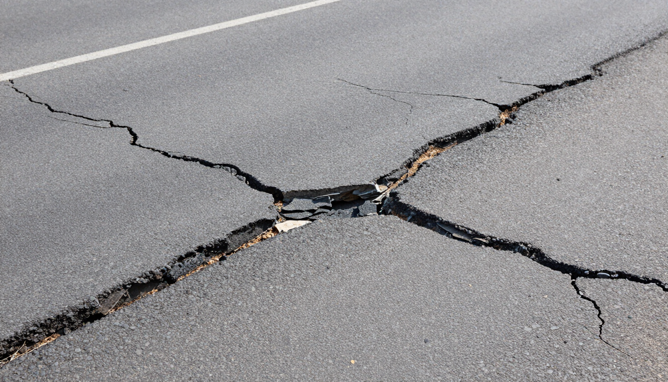 Carretera de asfalto agrietada con una gran fisura en forma de X y daños en el pavimento.