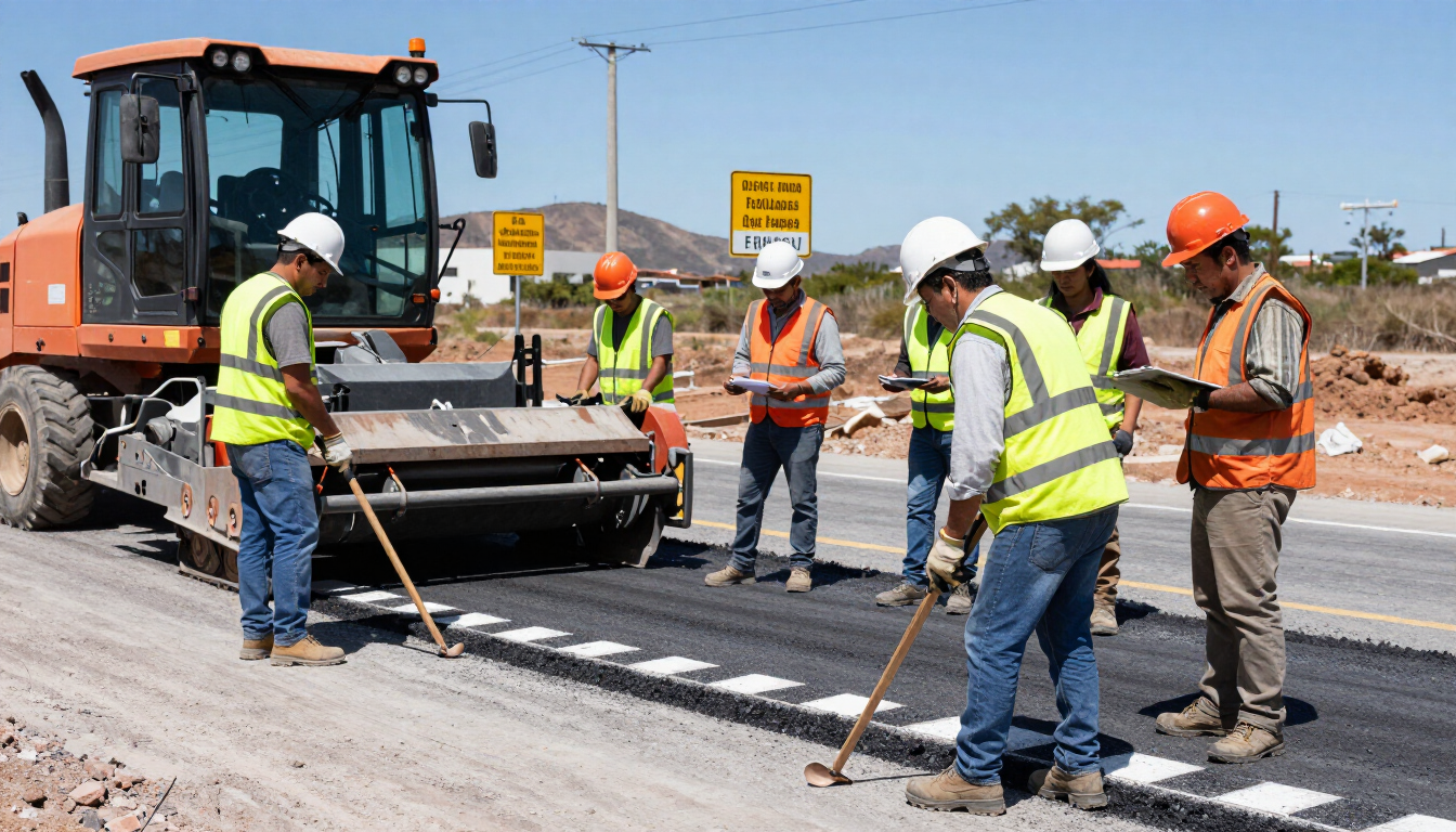 Un equipo de trabajadores viales está pavimentando una calle; los operarios llevan chalecos de seguridad y cascos, y trabajan junto a una máquina pavimentadora.