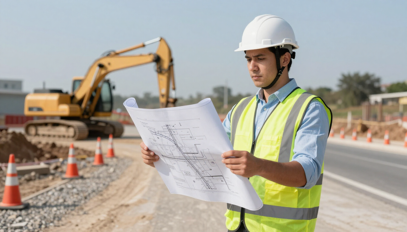 Obrero de la construcción con casco y chaleco de seguridad revisando planos junto a una excavadora en una obra al borde de la carretera.