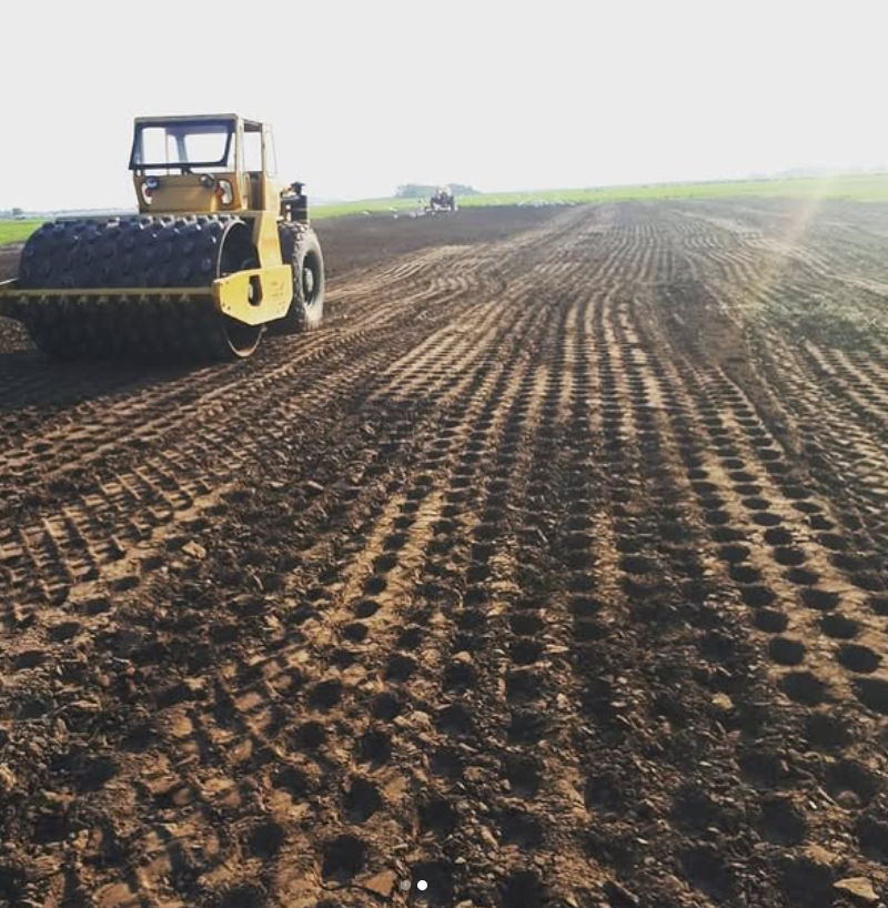 Tractor amarillo rodando sobre un campo recién arado bajo un cielo brumoso.