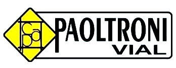 Logotipo de Paoltroni Vial con emblema de diamante amarillo y texto negro sobre fondo blanco.