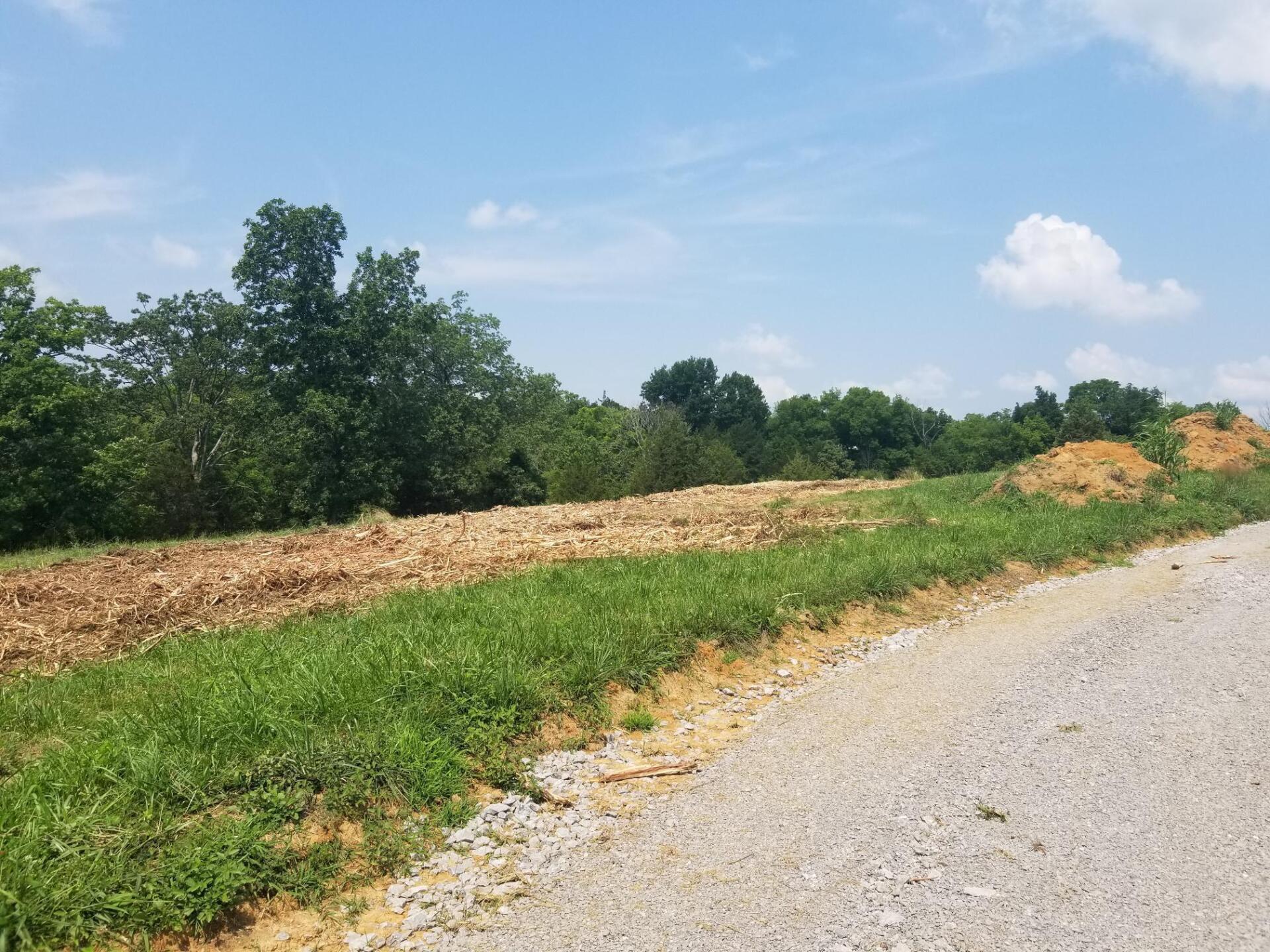 A gravel road borders a cleared, brown field with green grass, trees, and a blue sky with clouds.