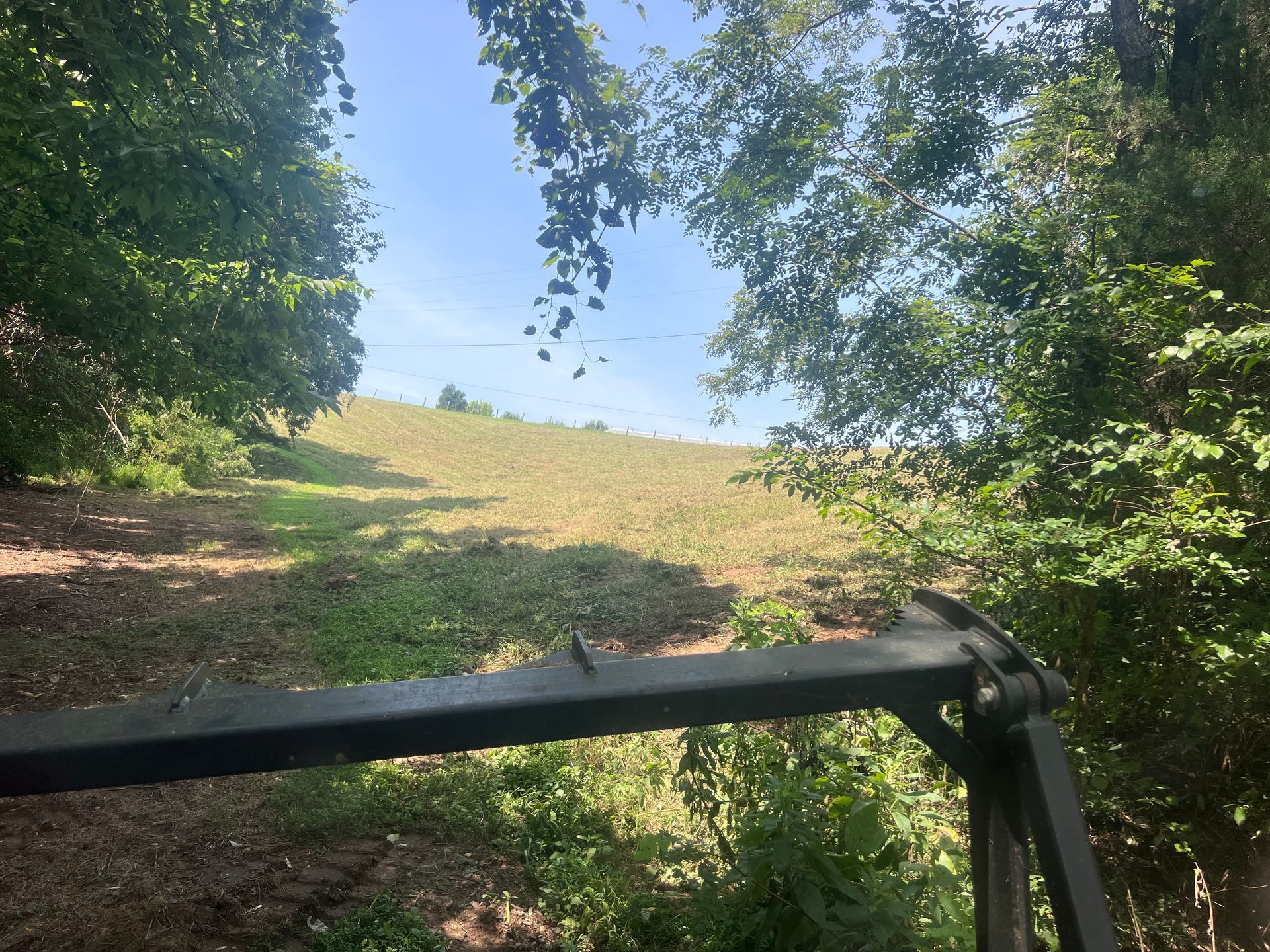 Bush hogging in progress — freshly cut hillside pasture seen from the tractor