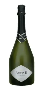 Botella de vino espumoso Baron B con cuello negro y cristal verde.