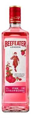 Botella de ginebra Beefeater Pink Strawberry con tapón rojo y etiqueta rosa sobre fondo blanco.