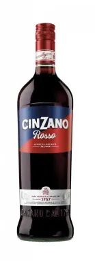 Botella de vermut Cinzano Rosso con tapón rojo y etiqueta de vidrio oscuro.