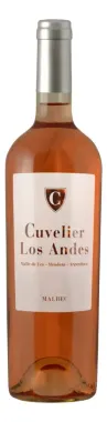 Botella de vino rosado Cuvelier Los Andes con tapón plateado y etiqueta blanca sobre fondo blanco.