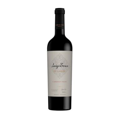Botella de vino oscuro con etiqueta color crema sobre fondo blanco.