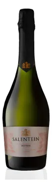 Botella de vino Salentin con etiqueta rosa y vidrio verde oscuro sobre fondo blanco.