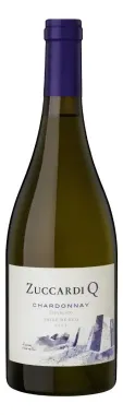 Botella de vino blanco Zaccagnini Q con tapón morado y etiqueta ilustrada.