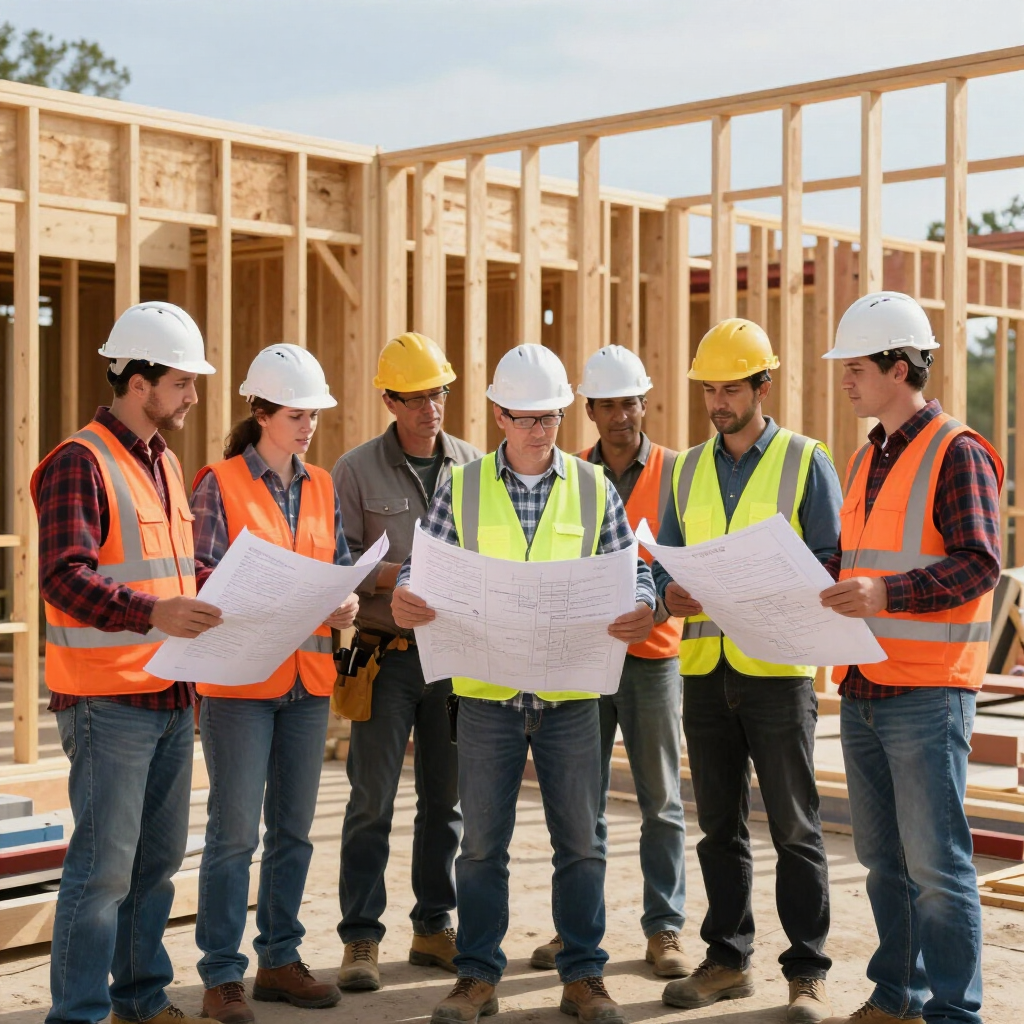 Construction team in hard hats reviewing blueprints at a building site skeleton