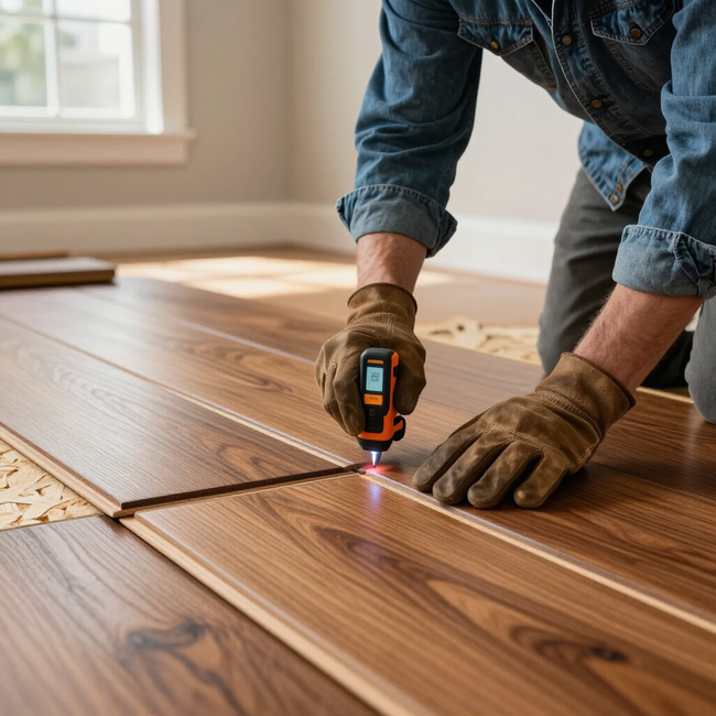 Worker measuring wood floor planks with a laser tool during installation in a sunlit room