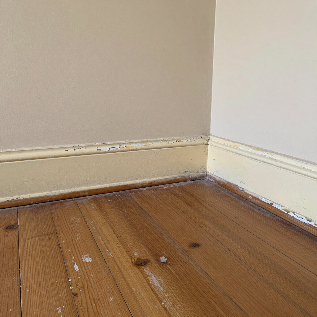 Empty room corner with worn beige baseboards and a scuffed wooden floor