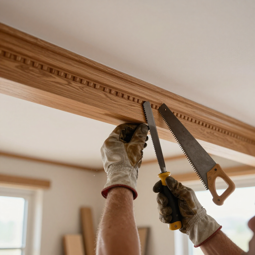 Gloved hands use a saw to cut ornate wood trim near the ceiling.