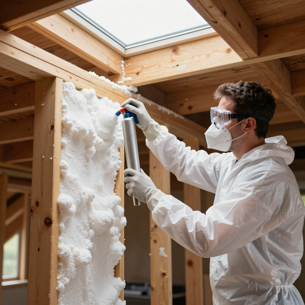 Worker in white protective suit spray-foams insulation into a wooden wall frame under a skylight.