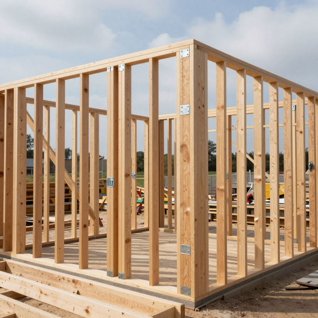 Wooden house frame under construction on a clear day