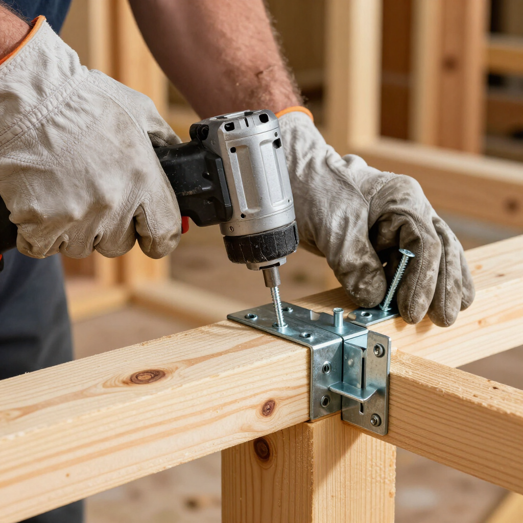 Gloved hands drill a metal connector into a wooden beam frame with a power drill.