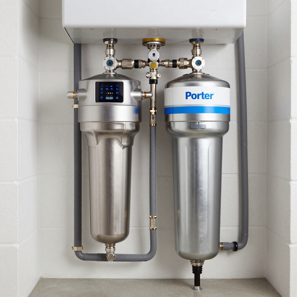 Wall-mounted water filtration system with two stainless steel canisters and blue accents in a tiled utility area