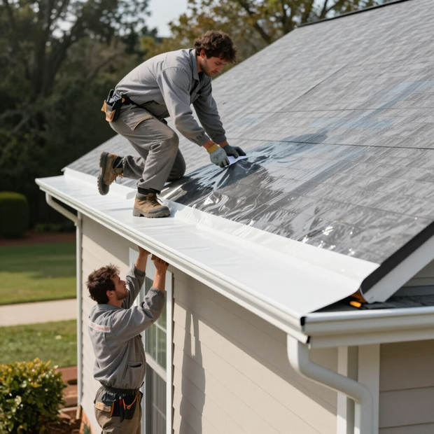 Two workers installing shiny metal roofing on a house roof