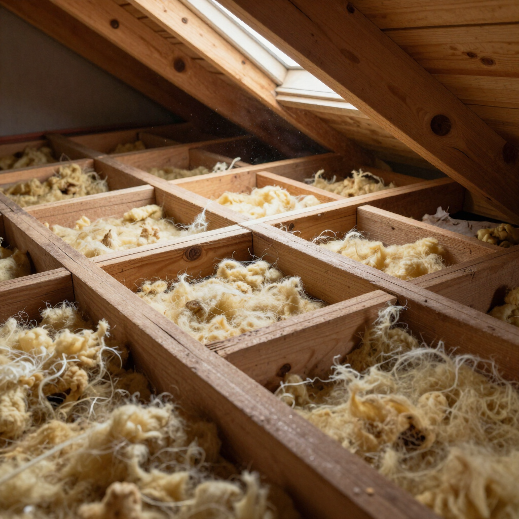 Attic roof framing filled with loose fiberglass insulation between wooden joists